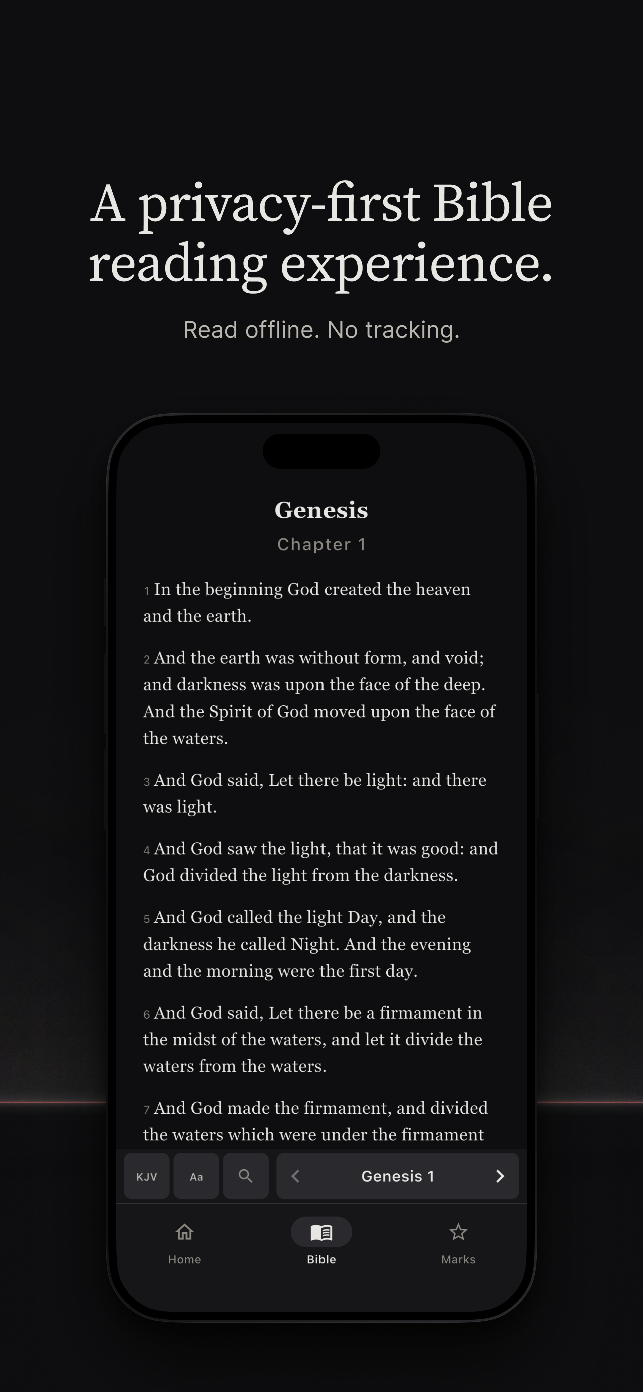 A privacy-first Bible reading experience. Read offline. No tracking.